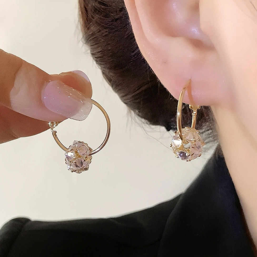 铜合金合成锆石耳饰 高级感精致百搭旋转闪亮球可拆圈圈耳环1564