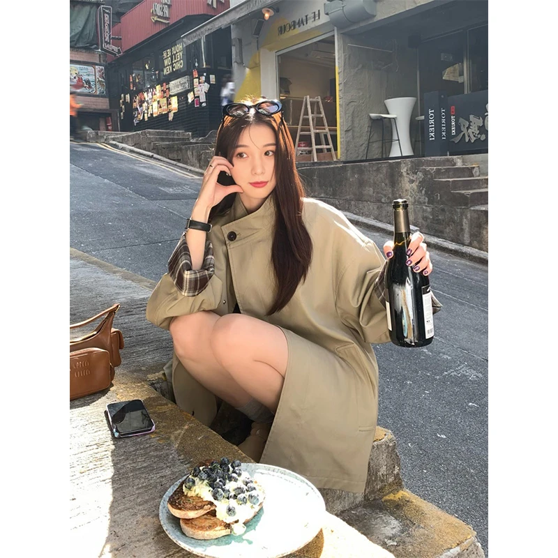 高级感撞色短款风衣外套女春夏新款小个子宽松廓形卡其色大衣F427