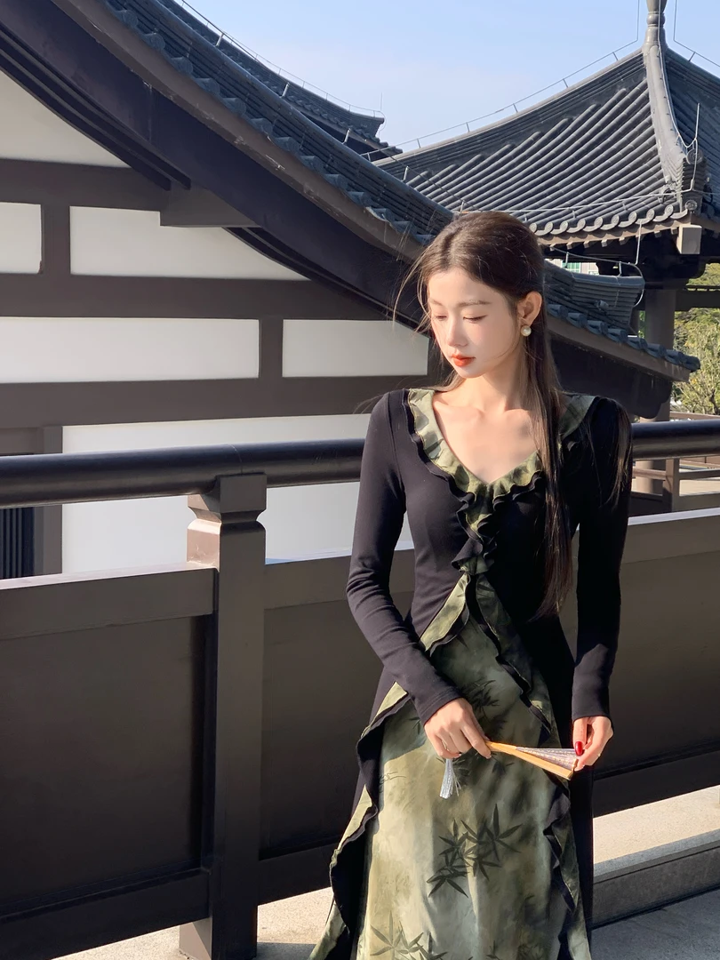 EIA一尧新中式国风【青山灼灼】清冷气质假两件连衣裙晕染设计显瘦