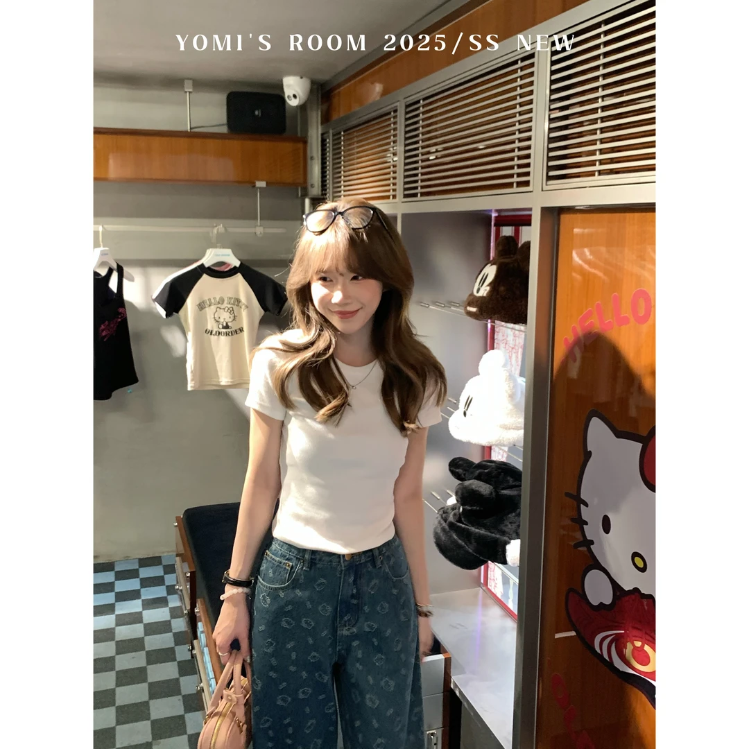 YOMI小个子定制【格韵甜意】白色基础T恤显瘦百搭短袖上衣女