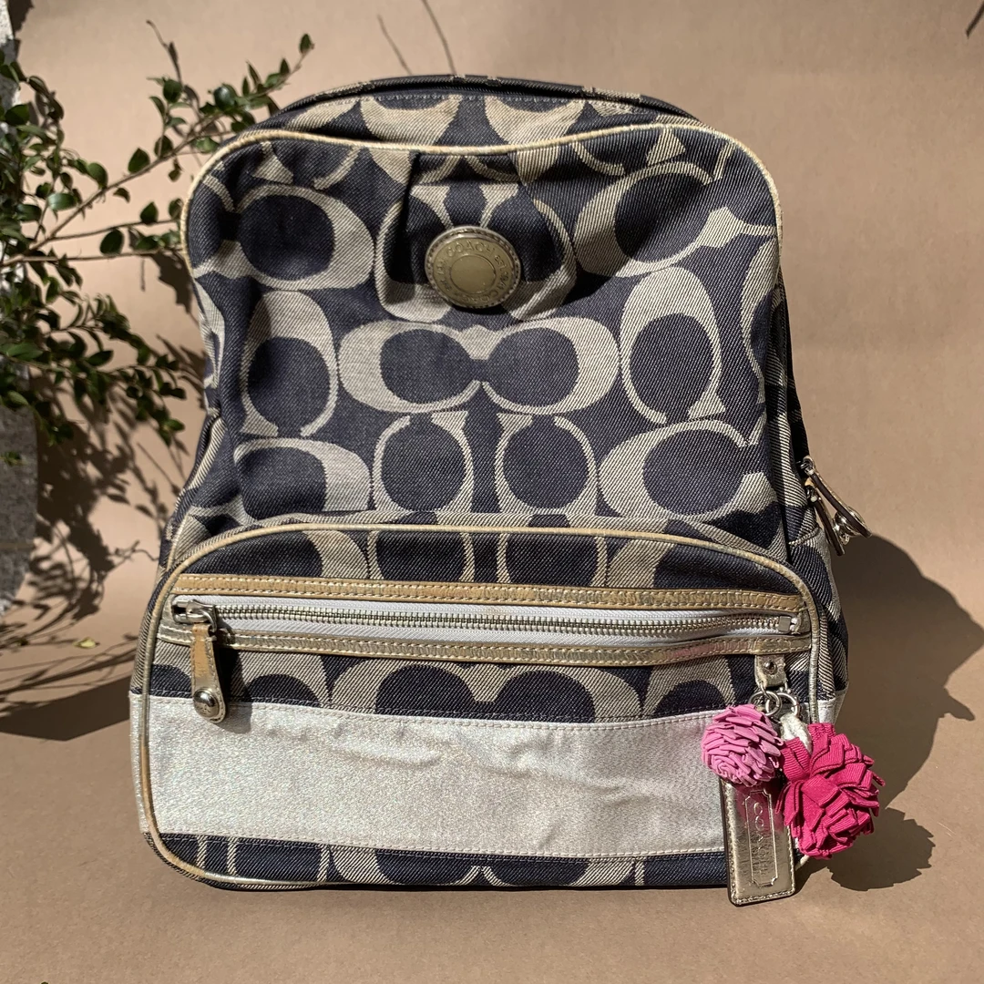 95新 COACH/蔻驰 经典百搭简约时尚复古帆布牛仔色老花双肩包