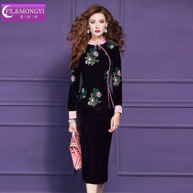 菲梦伊原创新款绣花新中式丝绒国风盘扣唐装套装69299