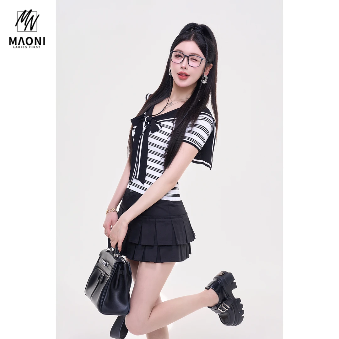 毛妮Peshe【墨鲸脊线】海军领条纹T桖夏季撞色收腰针织短袖L1653