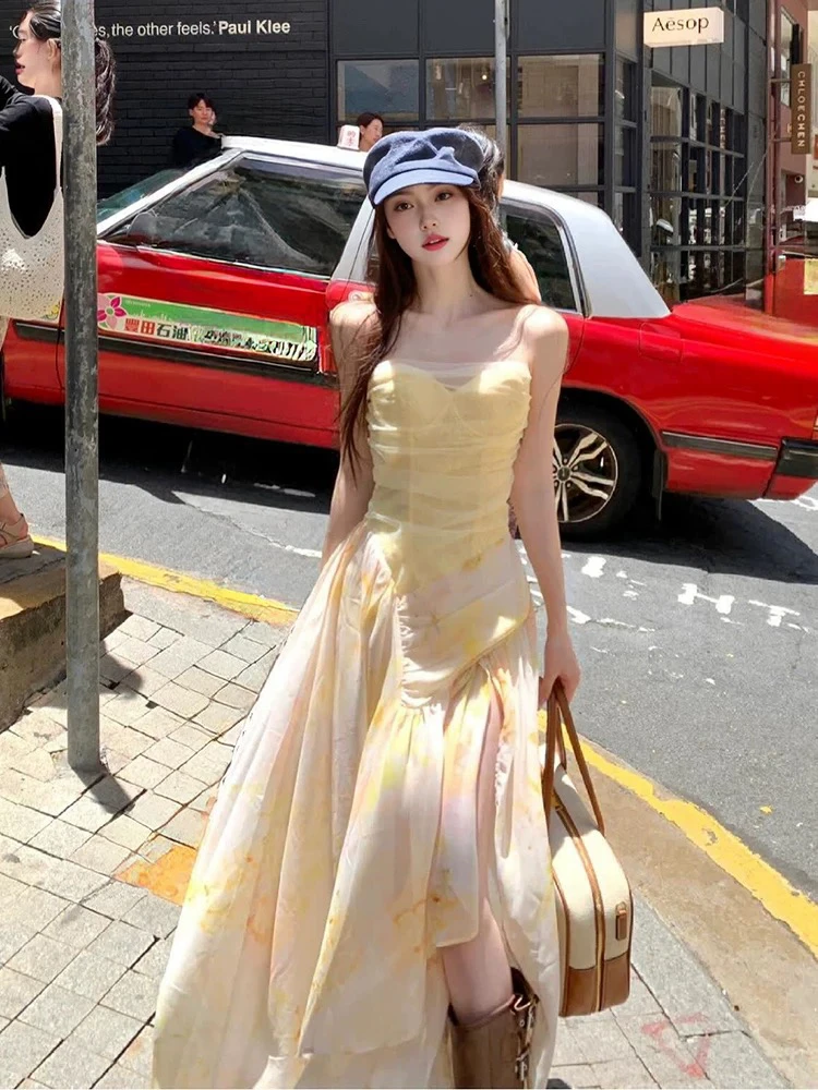 吊带裙荡领法式拼接印花连衣裙收腰裙子白色甜美小众中长款