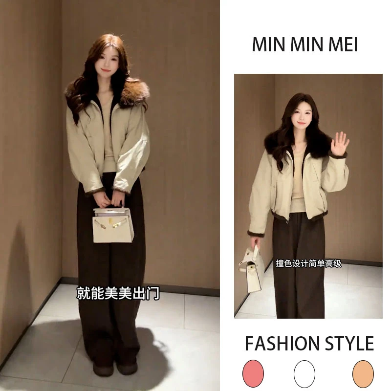 冬季时尚百搭今年流行毛毛领保暖外套阔腿裤显瘦慵懒风两件套