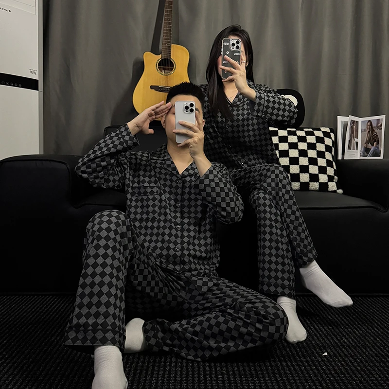 黑灰格子纯棉睡衣男女长袖春秋款小翻领ins日系情侣家居服套装薄