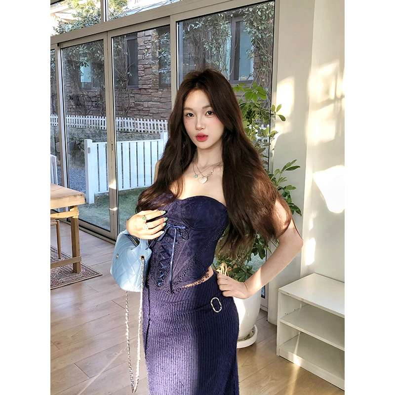 【12YE】辣妹风性感重工蕾丝抹胸搭配肌理感长半裙 T1207/Q1208