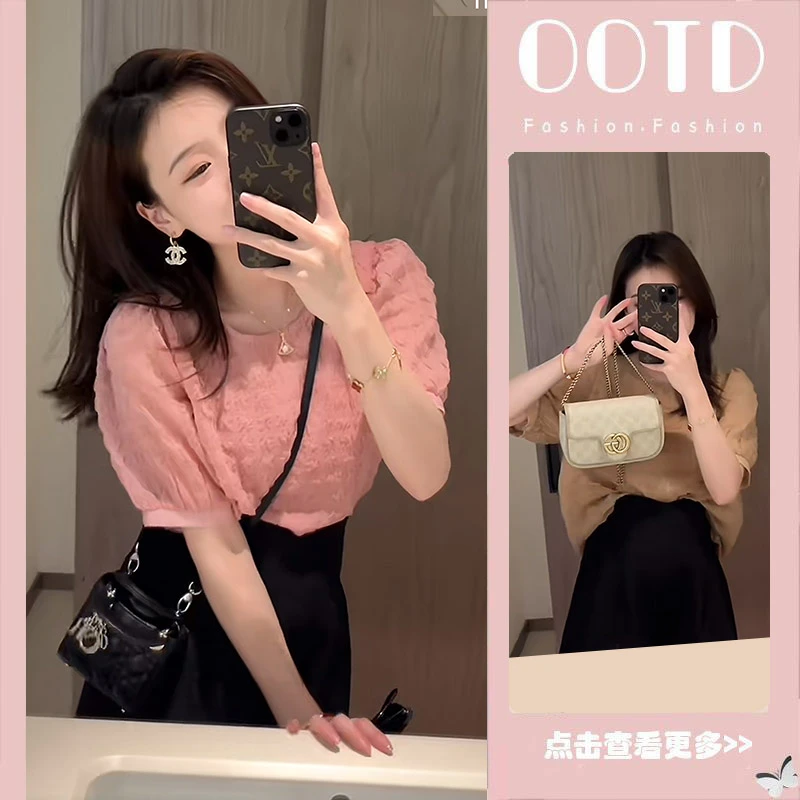 【现货】夏季穿搭一整套2025新款粉色泡泡袖衬衫高腰短裤两件套女