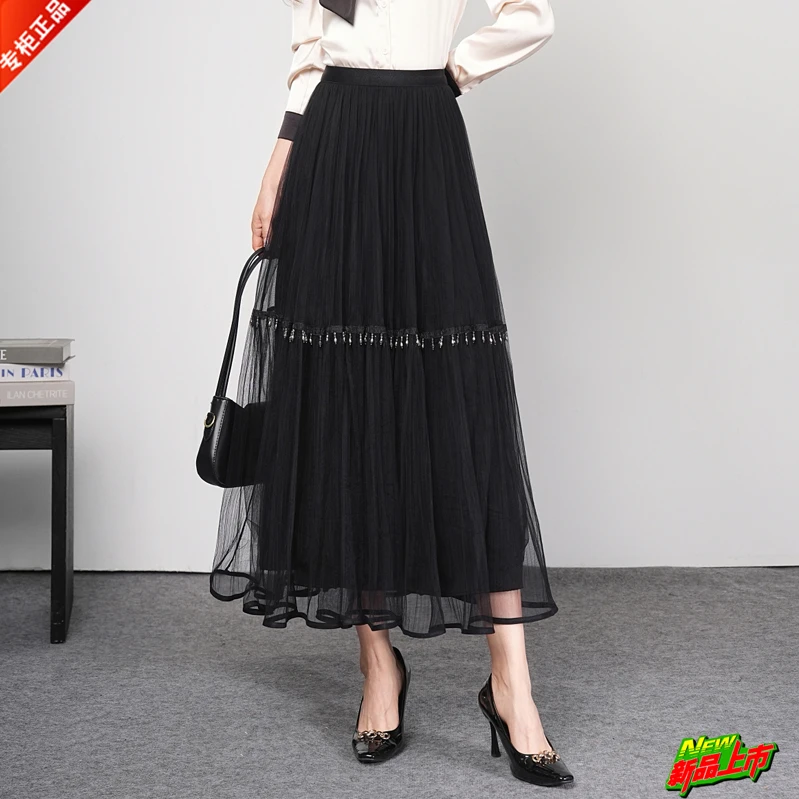 专柜正品高档半身裙女2025春夏百搭垂感飘逸摆裙网纱裙黑色百褶裙