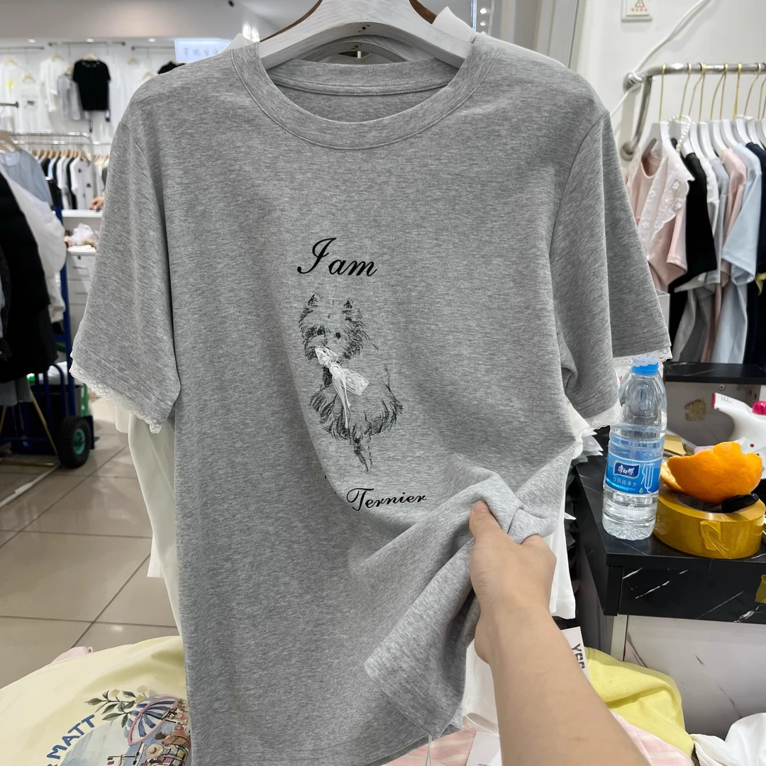 设计感小众蝴蝶结短袖T恤女夏200斤胖mm宽松大码显瘦蕾丝拼接上衣