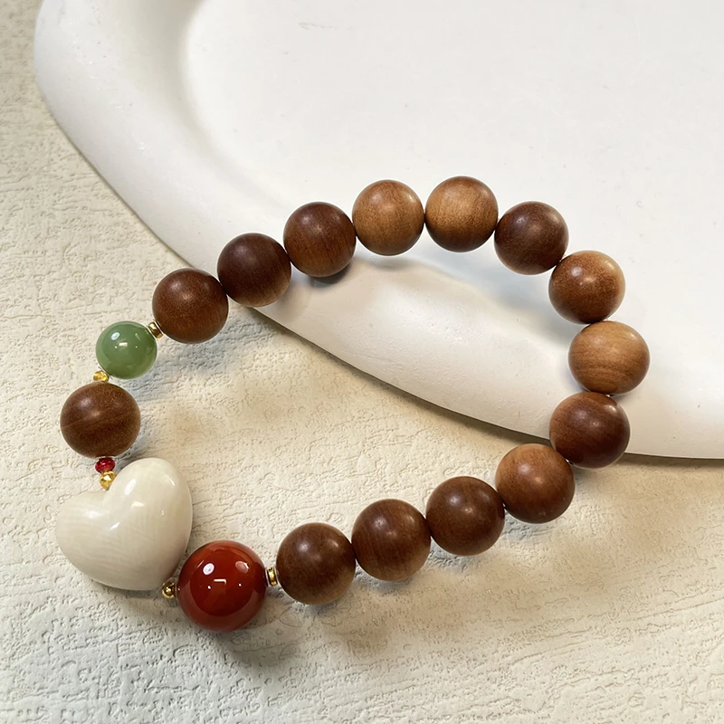 珠联帮【18K】老山檀香1.0虎皮纹+爱心单圈手串