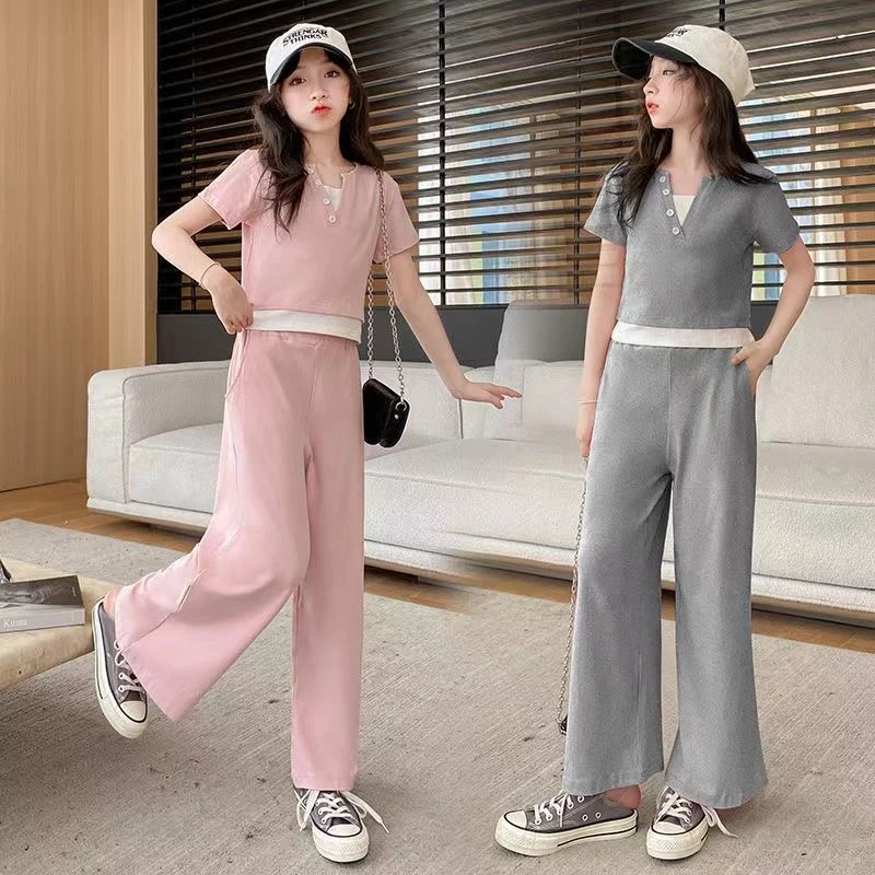 女童夏装假两件T恤长裤两件套2025新款中大童短袖上衣长裤套装潮