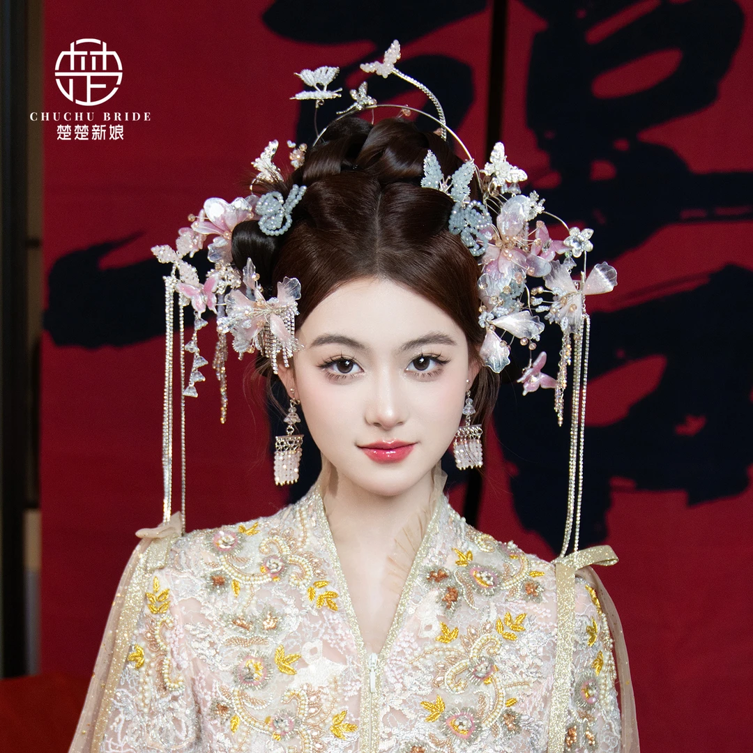 2025新款古风复古大气结婚简约粉色宫廷气质造液花步摇新娘头饰