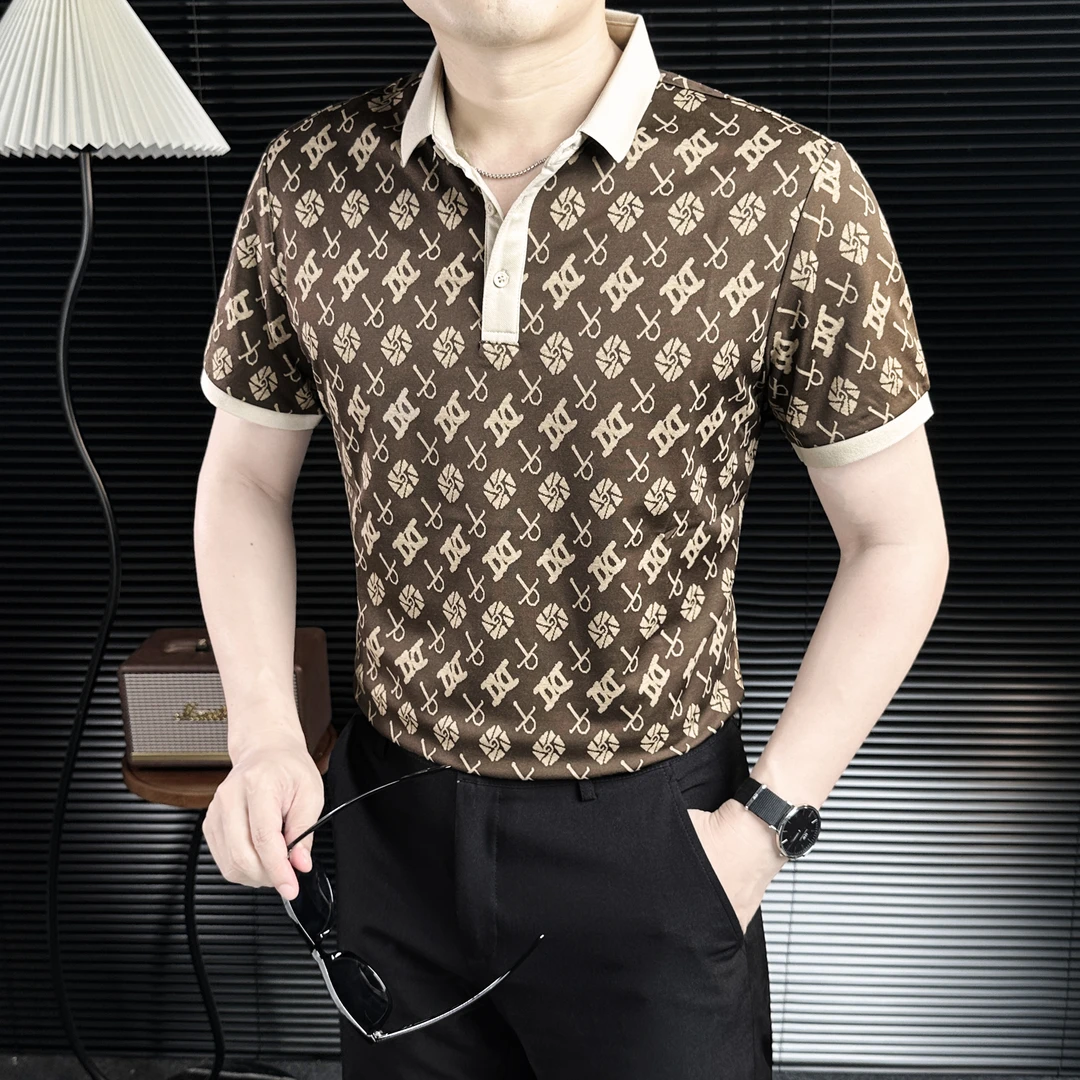 老钱风复古保罗衫男士t恤短袖夏季新款薄款高级感满印polo衫男款