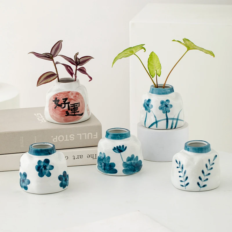 创意手绘迷你陶瓷小号花瓶客厅桌面插花水培绿萝多肉花盆装饰摆件