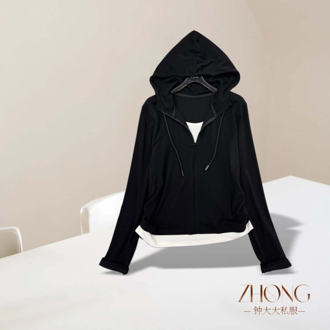 ZHONG大大【】连帽半拉链假两件长袖T恤秋冬收腰显瘦上衣12030