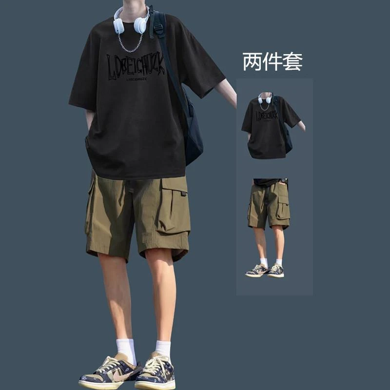 时尚圆领短袖T恤男夏季2025新款短裤套装宽松高级感美式T恤衣服
