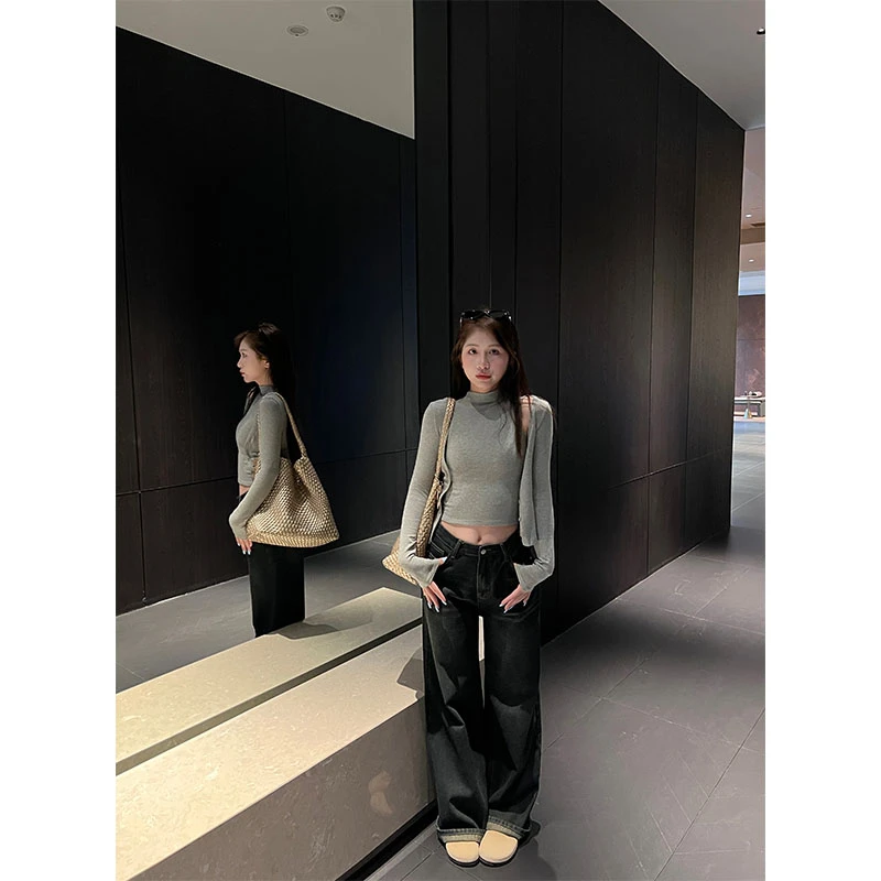 2025秋冬洋气休闲百搭灰色长袖上衣高腰垂感修身显瘦直筒裤套装女