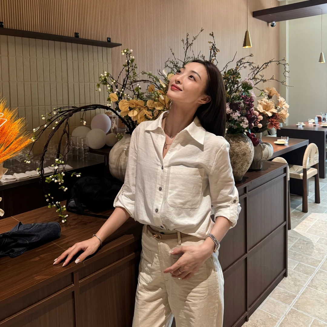 老钱风Ｖ领气质百搭宽松休闲慵懒亚麻长袖衬衣+亚麻纯色直筒裤