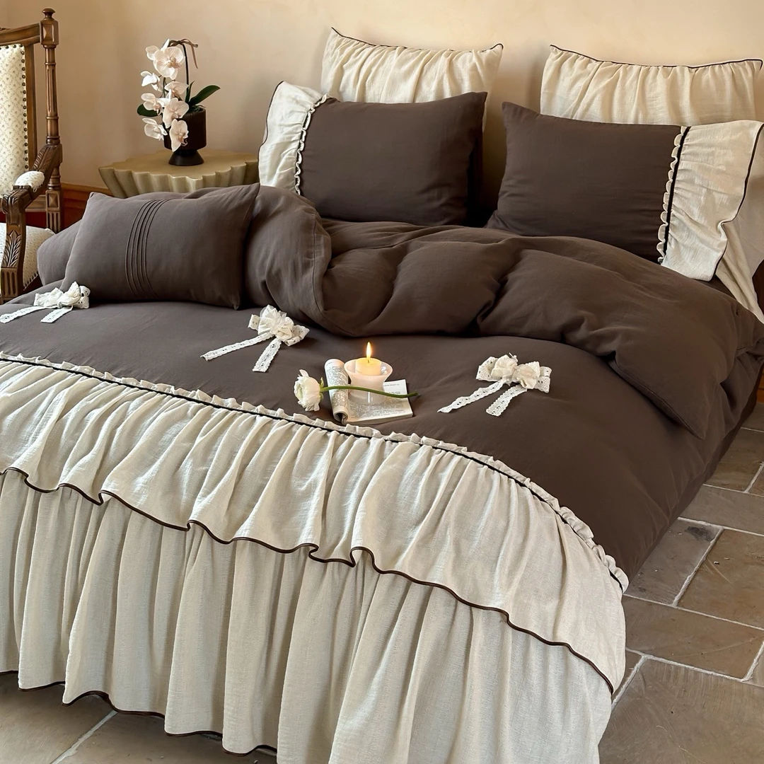 法式复古被套棉麻四件套蝴蝶结款荷叶边被罩亚麻床单套件床上用品