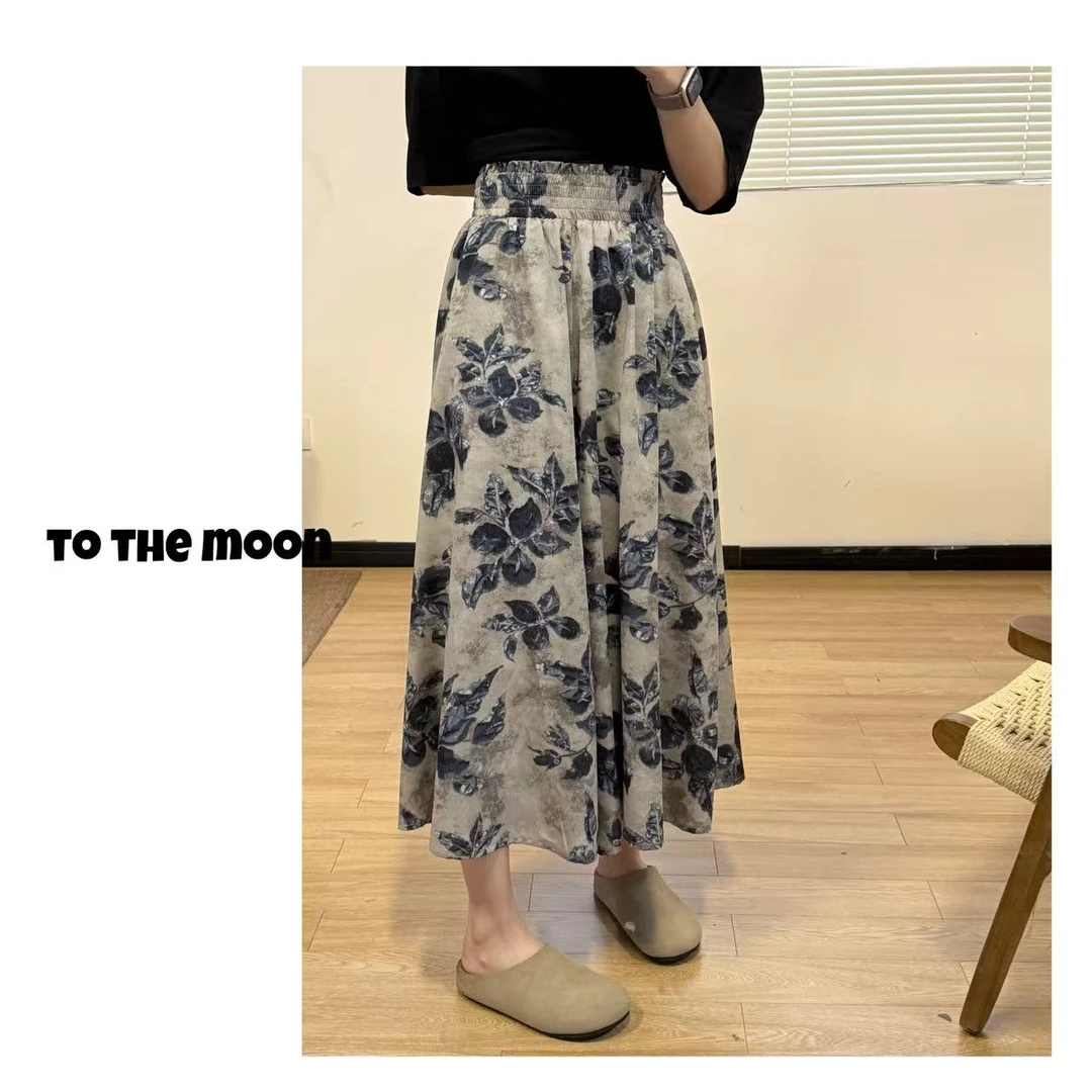 UpSd 原创【约书亚花和乌云】花裙裤灰蓝高腰宽松休闲裤夏季宽松裤