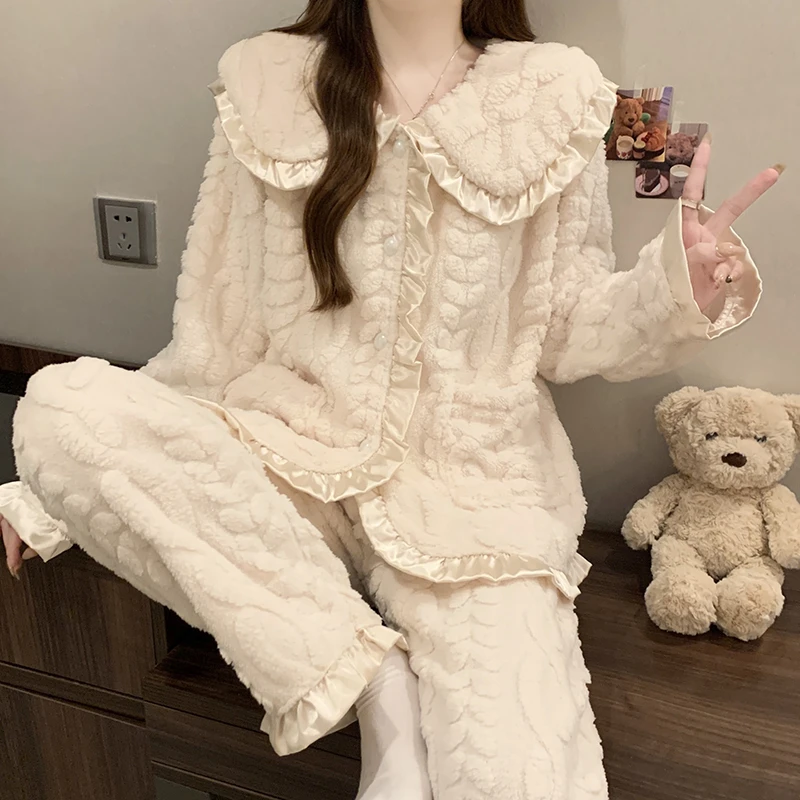 加厚珊瑚绒睡衣女款秋冬季甜美开衫加绒长毛绒套装新款保暖家居服