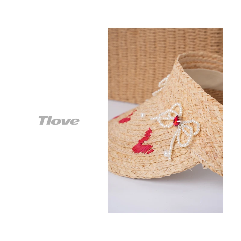 6956空顶极简风法式弯檐甜美可爱帽子绣花夏季空顶帽草编