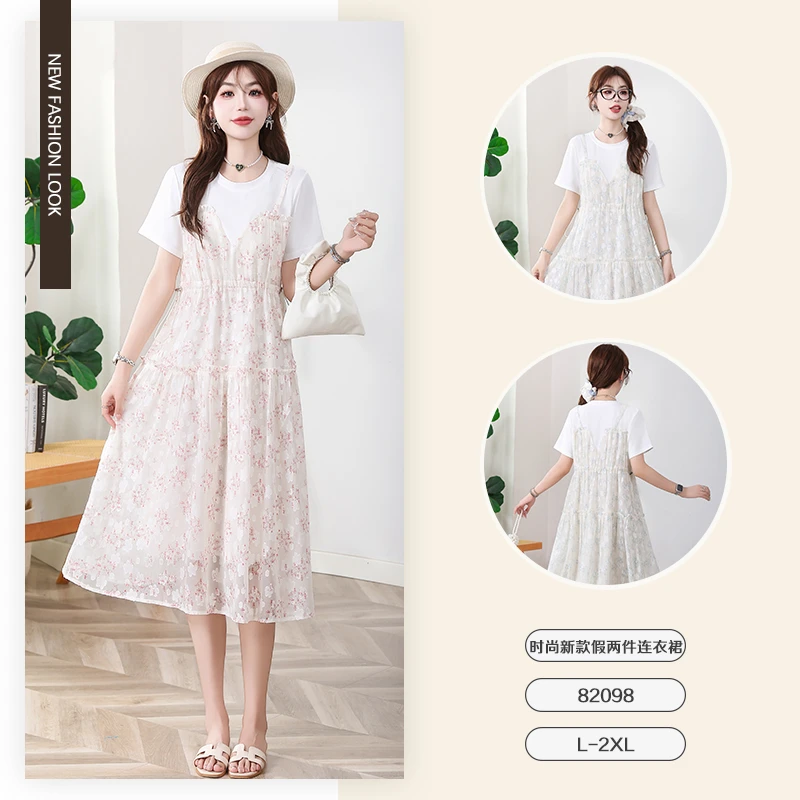 夏季新品时尚假两件短袖连衣裙-82098