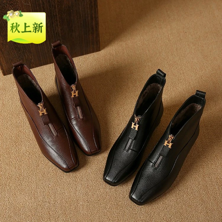 新款粗跟低跟小方头百搭超软鞋3cm短靴女前拉链2025秋冬季短筒靴