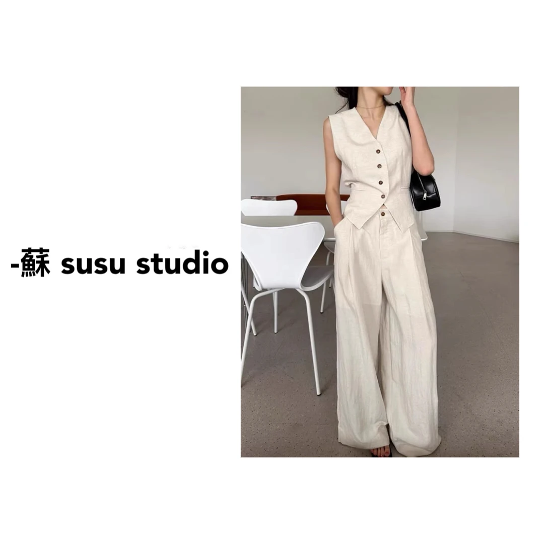 【蘇蘇】68039款亚麻复古老钱风气质高级感V领马甲阔腿裤时尚套装