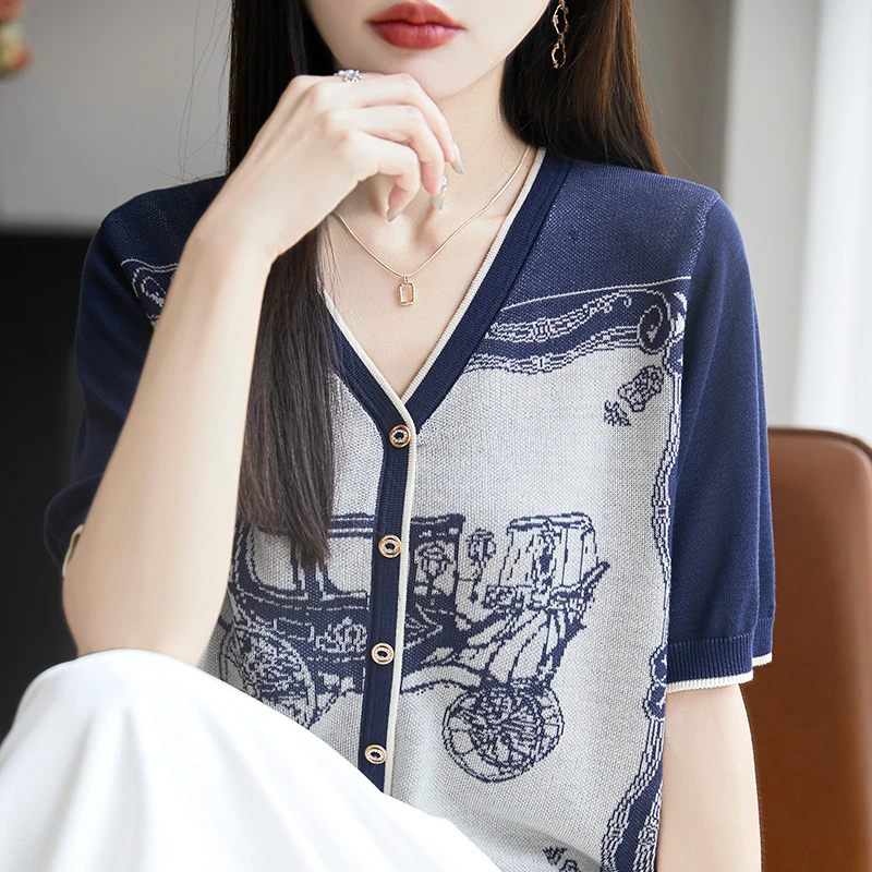 品牌夏季短袖V领提花薄款常规款毛针织衫气质百搭宽松开衫上衣