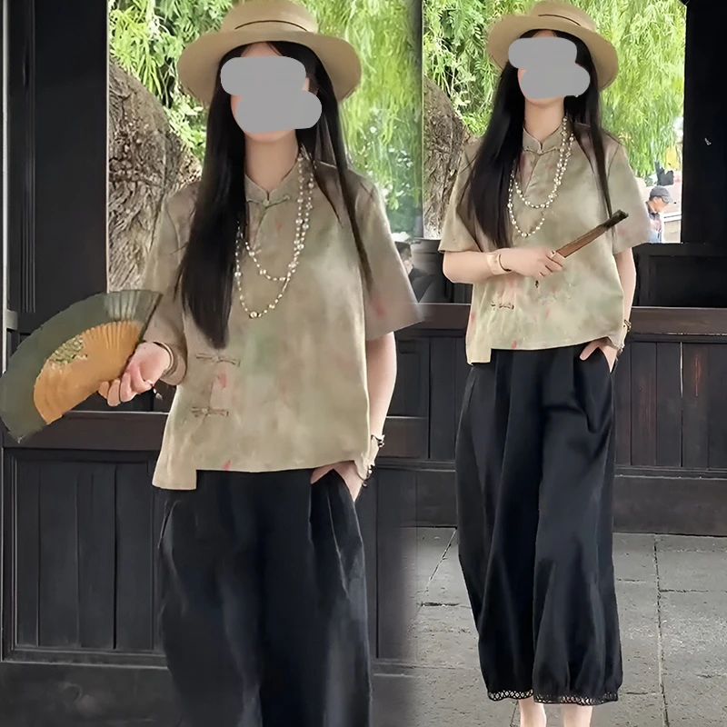 中式国风女2025新款独特超好看提花上衣夏季松紧腰镂空灯笼裤套装