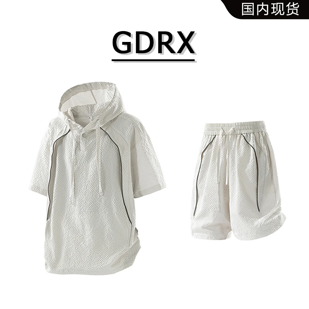 GDRX美式泡泡纱男士连帽短袖套装2025夏季新款薄款休闲短裤两件套
