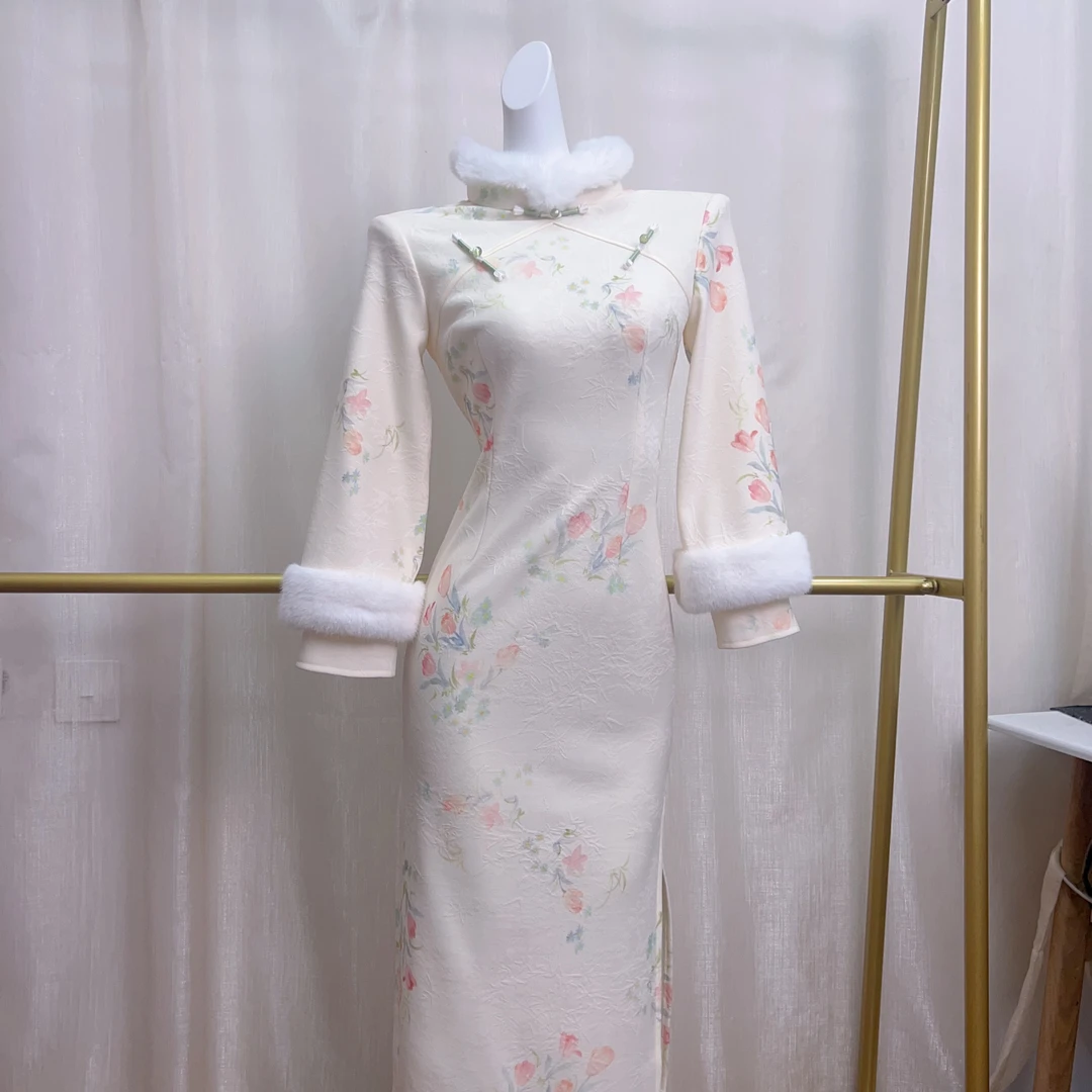 V-3356 郁金香 棉感针织 加绒 冬款 年轻款改良旗袍120cm长款