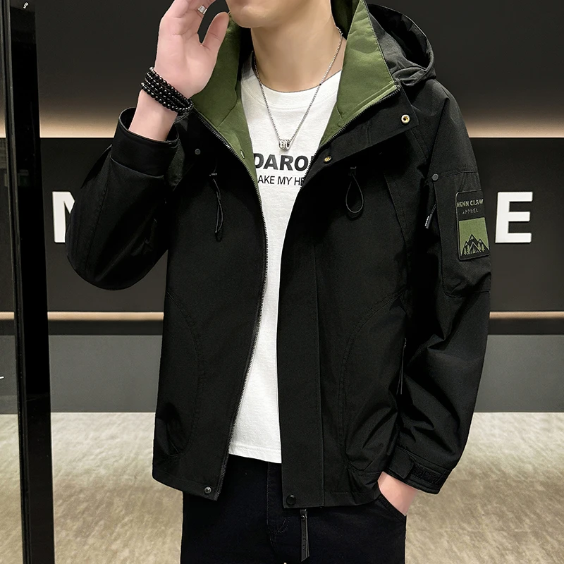 春秋男士连帽冲锋衣外套痞帅美式户外工装连帽夹克男装上衣