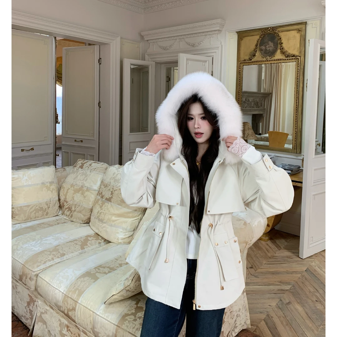 李潇洒【瑞士雪夜】微胖大码秋冬大毛领可拆卸内胆抽绳收腰派克服