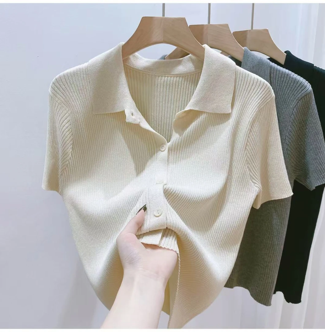 polo领冰丝针织短袖夏季新款法式薄款翻领修身显瘦T恤上衣时尚