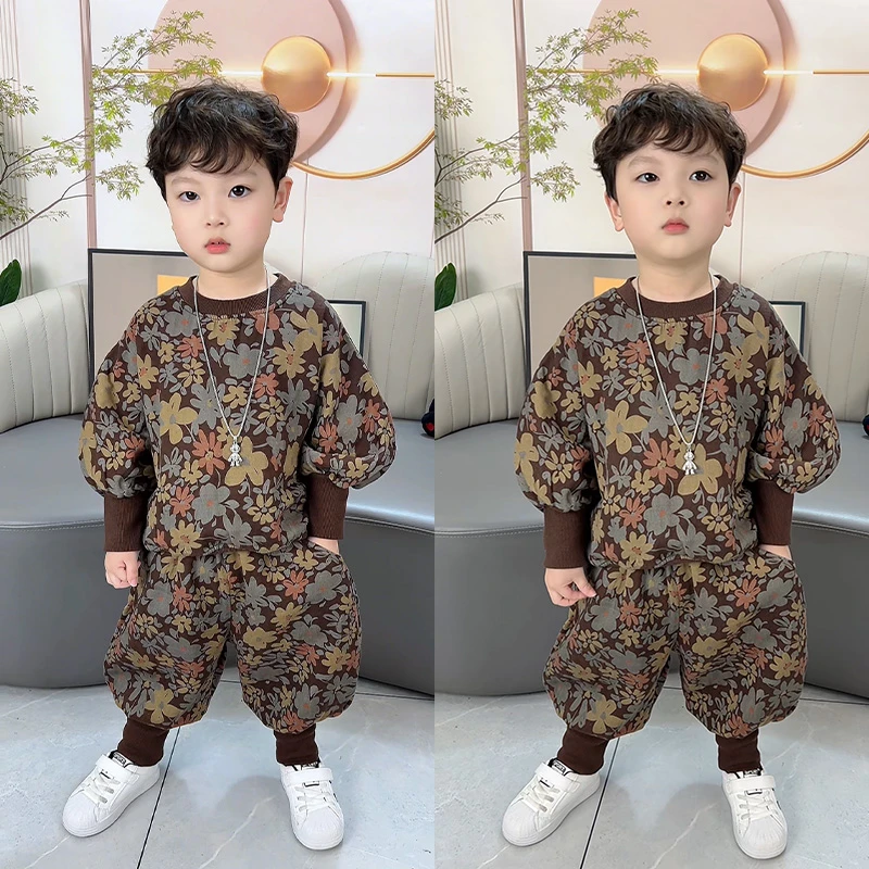 男女童春秋款2025新款儿童洋气时髦男女宝宝碎花卫衣灯笼裤两件套