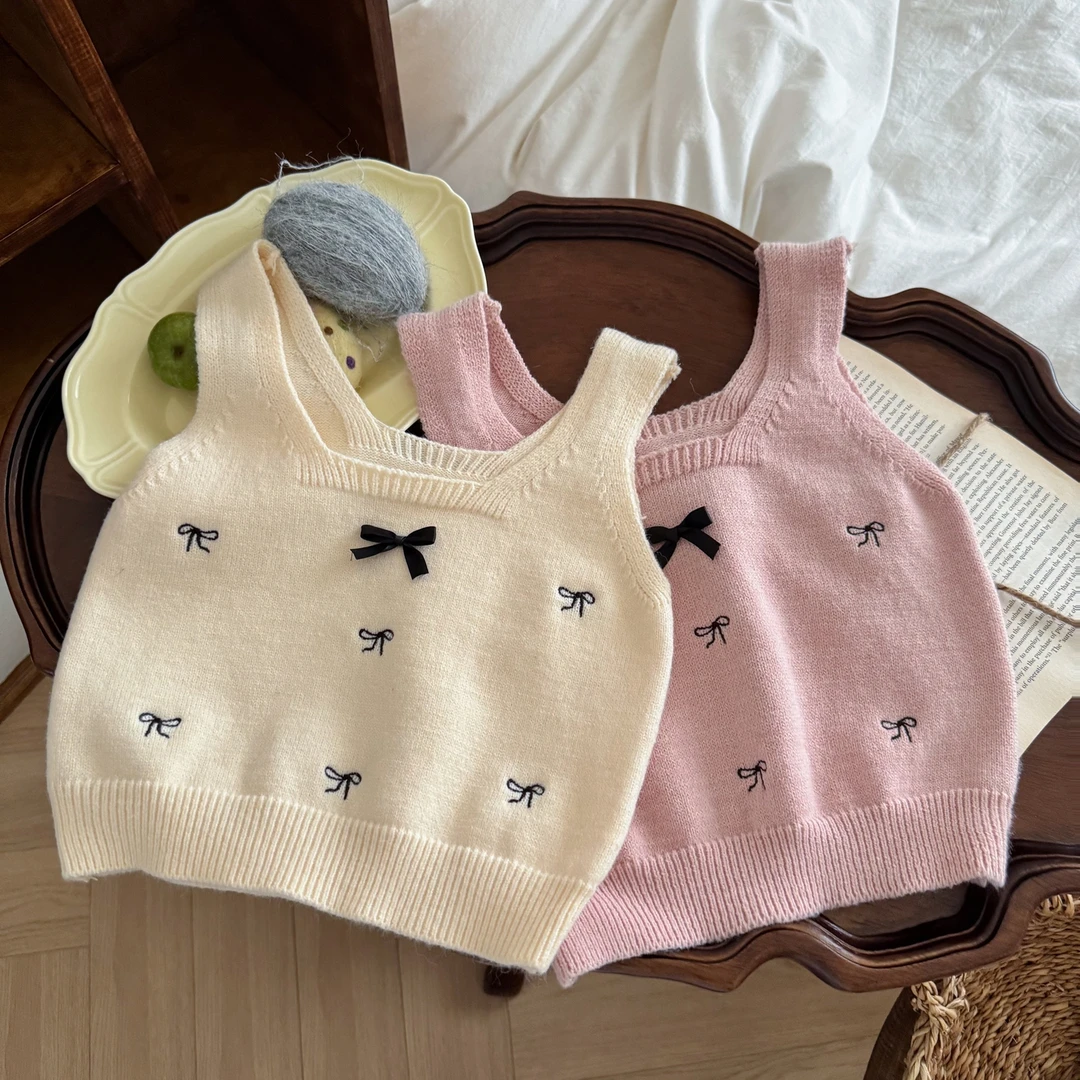 女童吊带背心2025春秋上新纯色蝴蝶结百搭针织毛线衣宝宝外穿上衣