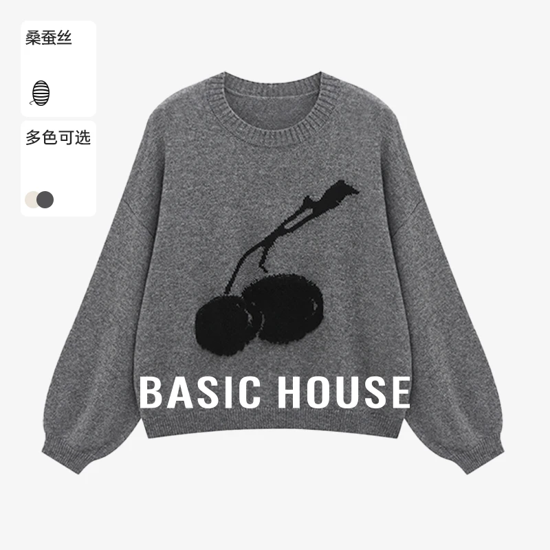 Basic House/百家好新款樱桃绣绣花宽松灯笼袖毛衣-B0625B5NVH2