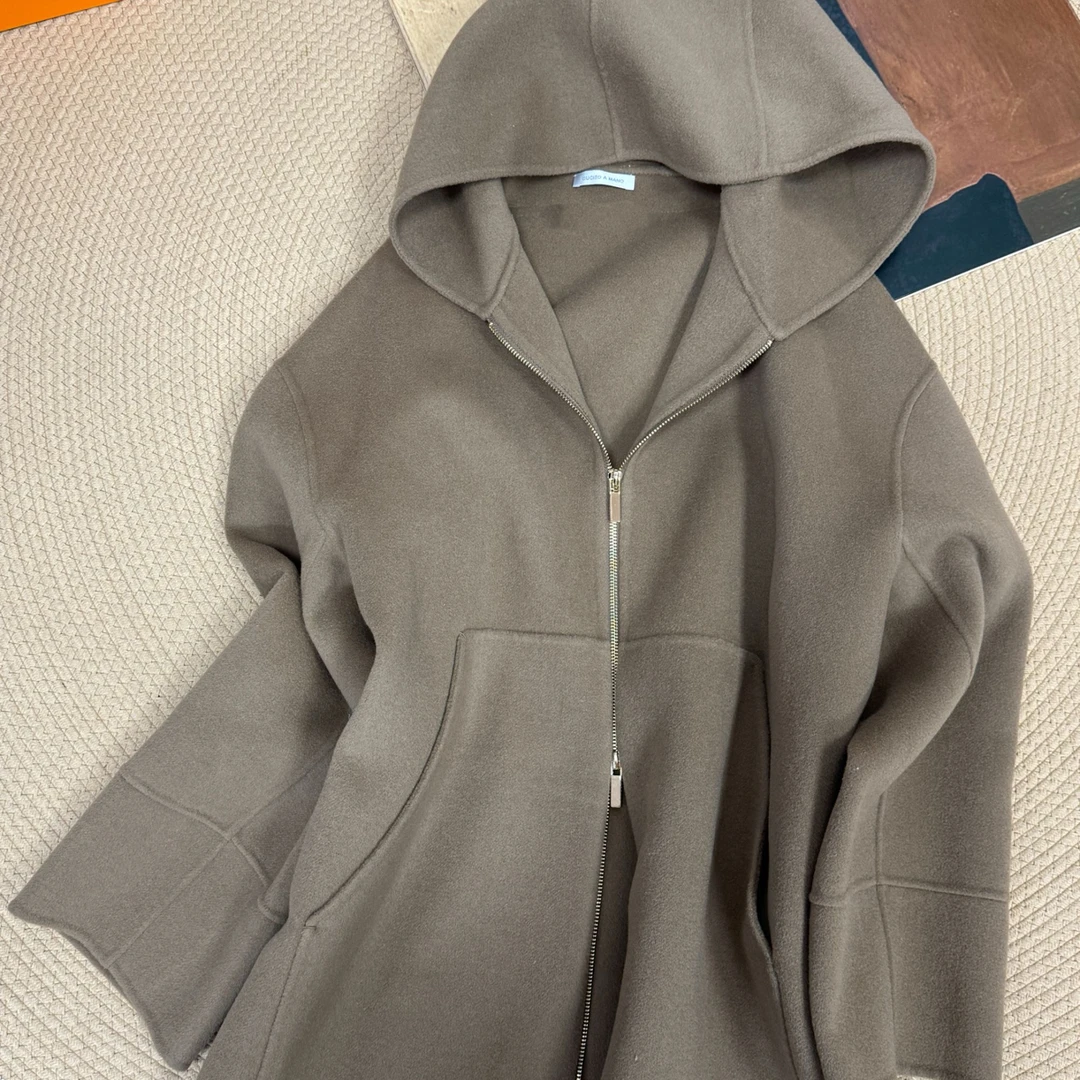 连帽棕色双面呢MM短款大衣