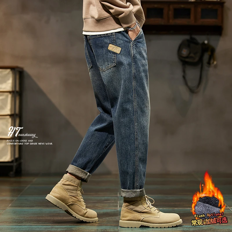 2025秋冬季美式复古牛仔裤男款潮牌高街微锥直筒休闲加绒裤子男款