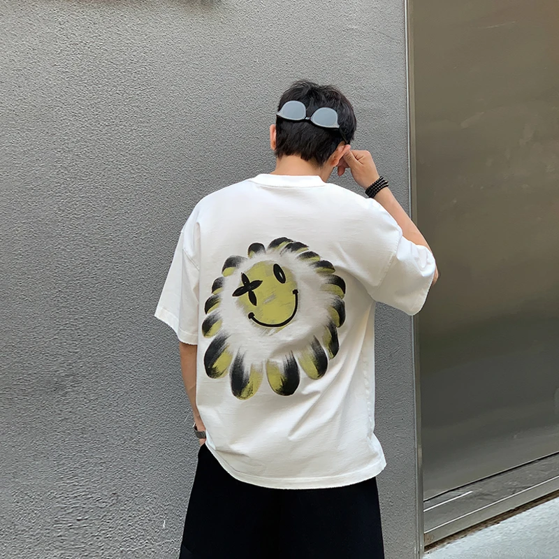 徐太浪设计感花朵笑脸印花短袖T恤男夏季300g重磅纯棉五分袖上衣