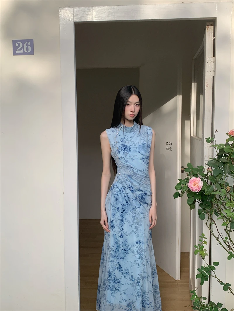 新中式青花瓷复古显瘦丝绒烧花扎染鱼尾旗袍连衣裙女收腰包臀长裙