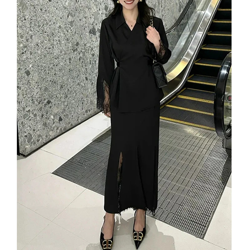 欧货春秋2025法式黑色高级v领蕾丝拼接上衣气质高腰半身裙套装女