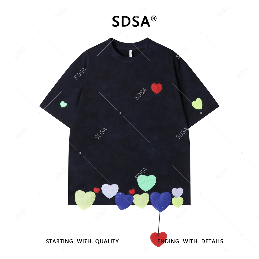 SDSA夏季新款男士痞帅设计感贴布爱心设计圆领短袖T恤时尚百搭