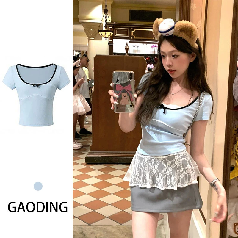 bm风甜辣妹拼接u领短袖t恤女夏季蝴蝶结纯欲修身显瘦绝美短款上衣