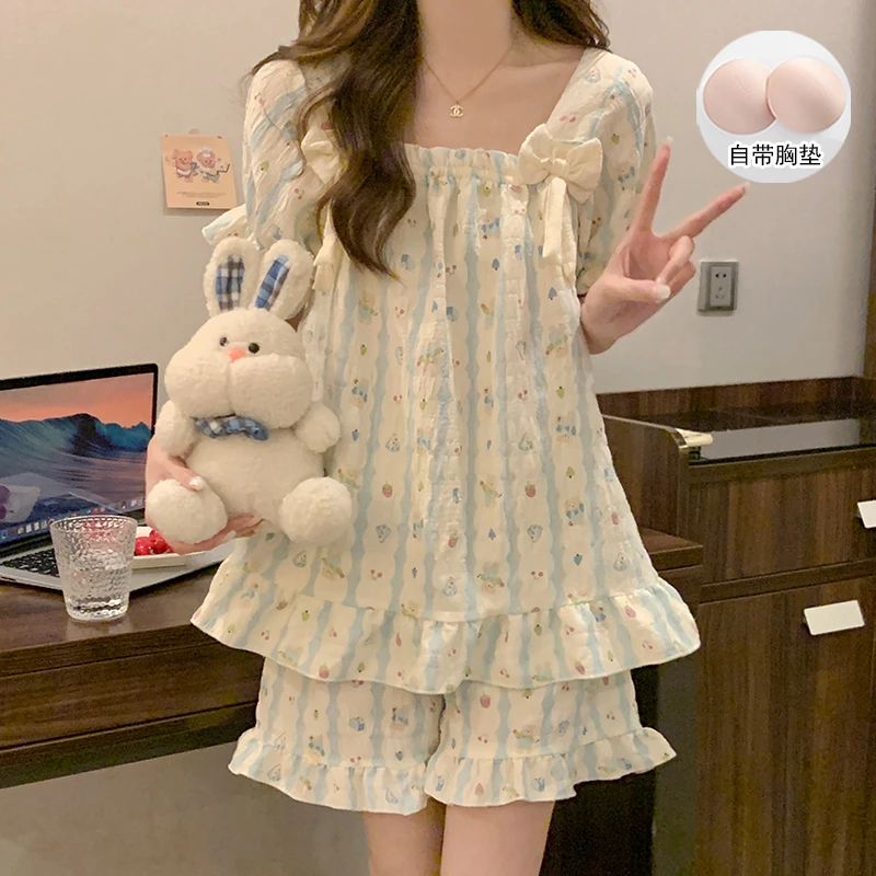带胸垫睡衣女夏季短袖短裤云朵棉网红薄款可爱甜美亲肤家居服套装