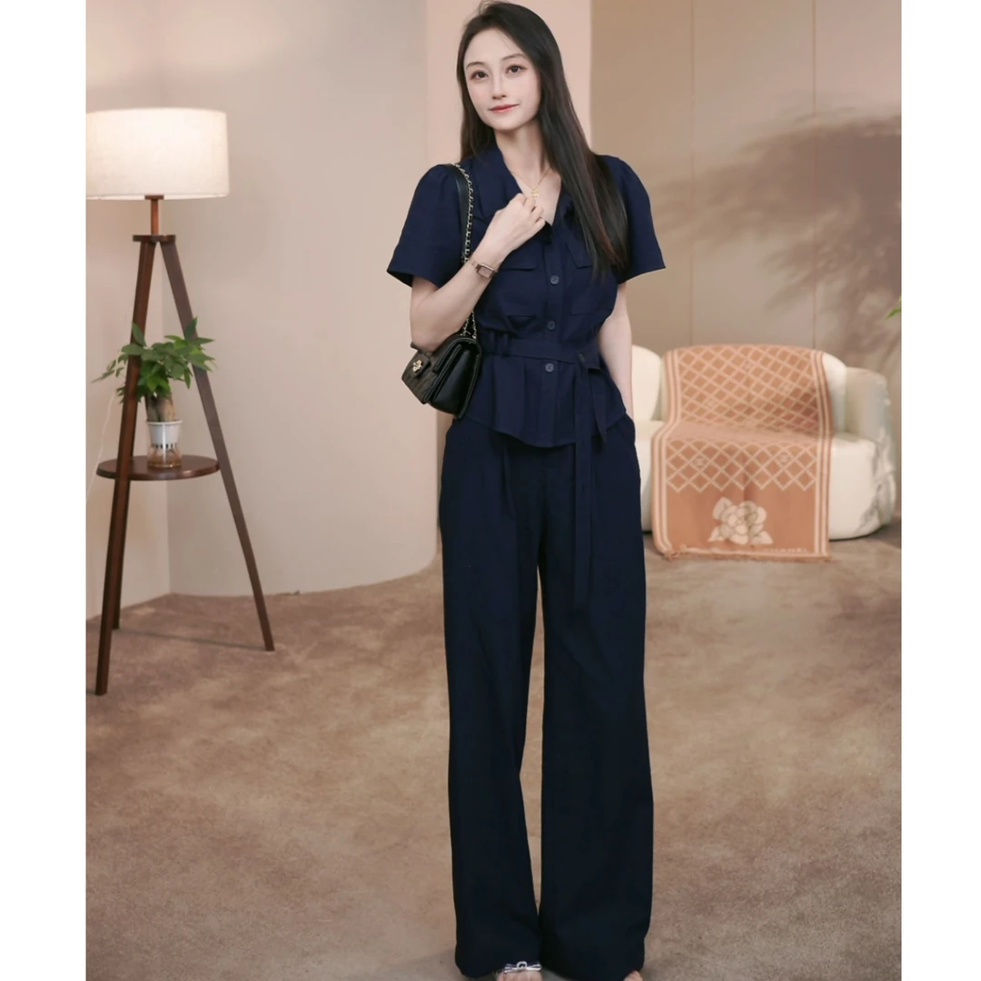 【肖肖专属】显瘦气质衬衫夏季新款垫肩收腰短袖长裤两件套10254