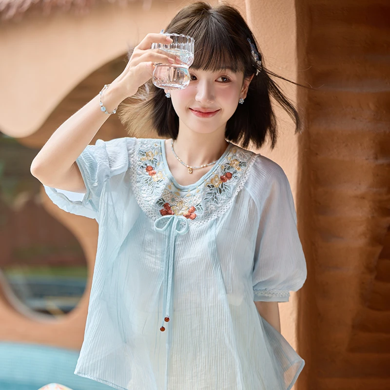 十三余小豆蔻[夏石榴]夏季国风中式天丝民族风宽松薄款衬衫短裙女